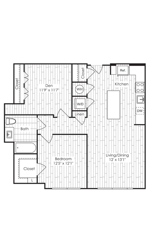 Floor plan for 1 bed, 1 bath, 917 sqft